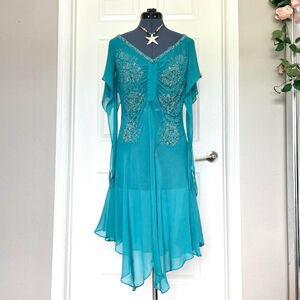 Vintage teal blue beaded silk midi maxi dress silk beaded dress